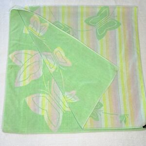 VTG Eaton Butterfly Bath Towel Pastel Green Pink Yellow Striped Y2K Cottagecore